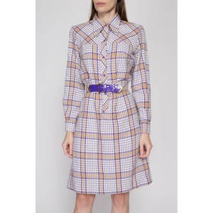 Medium 60s Mod Plaid Belted Shirtdress Vintage Purple White Long Sleeve Knit Mini Dress image 2