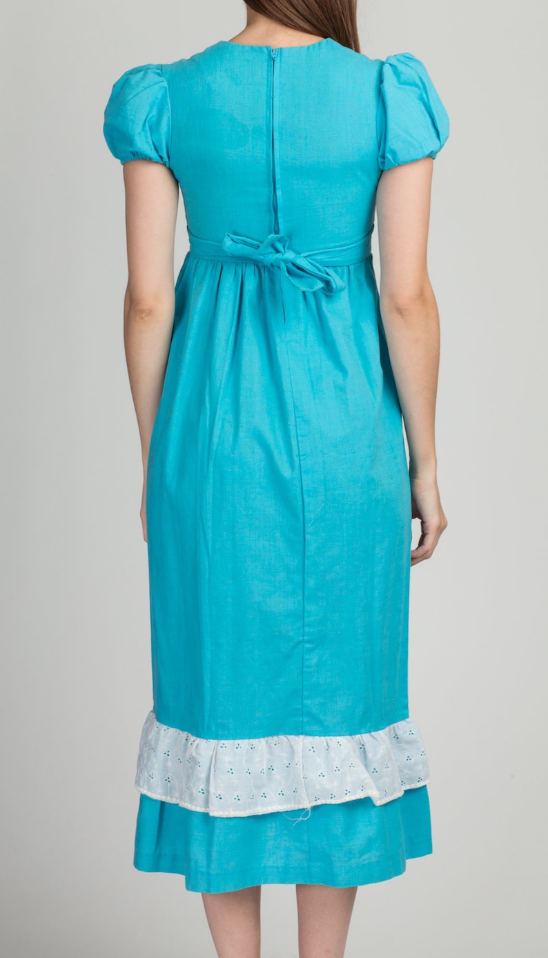 70s Blue & White Prairie Dress Girls Size 12 Vintage Children's Boho Puff Sleeve Maxi Dress image 5