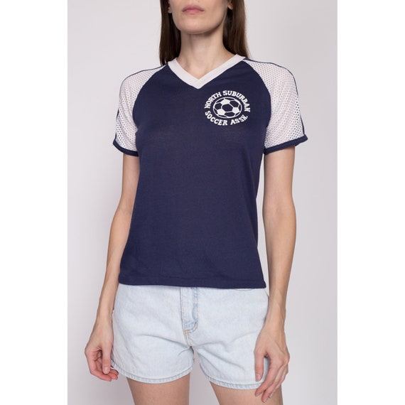 XS 70s Navy Blue Mesh Soccer Jersey Tee | Vintage… - image 3