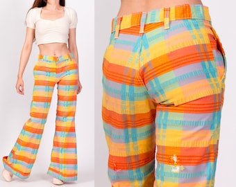 70s Colorful Plaid Bell Bottoms Extra Small | Vintage Low Rise Retro Flares Hippie Trousers