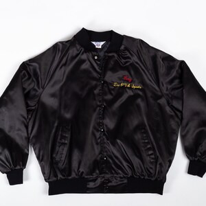 80s Paralyzed Veterans Racing Team Varsity Jacket Men's 2XL Vintage Black Satin Striped Trim Snap Button Windbreaker image 4