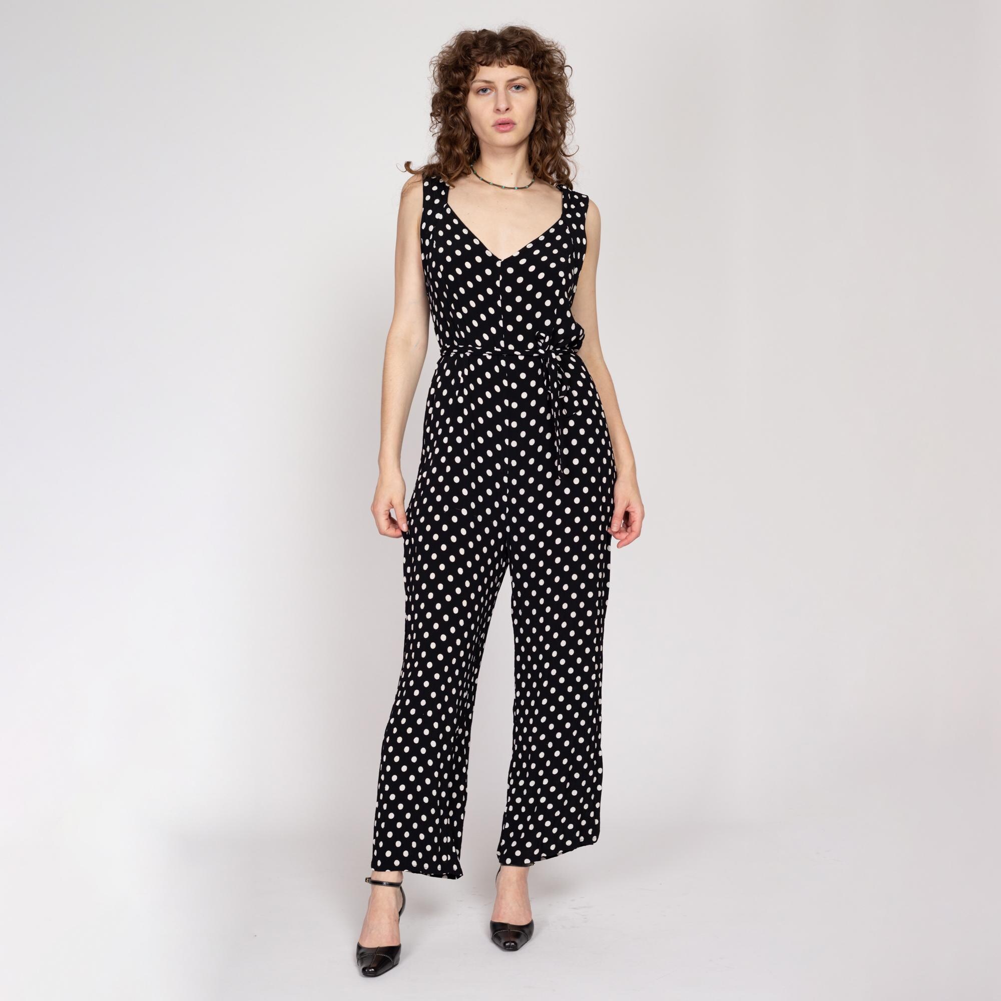 Lrg-xl 90s Black & White Polka Dot Jumpsuit | Vintage
