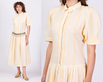 Robe taille goutte rayée jaune des années 80 Large | Robe mi-longue à col et manches courtes bouffantes, style Boho vintage des années 1920