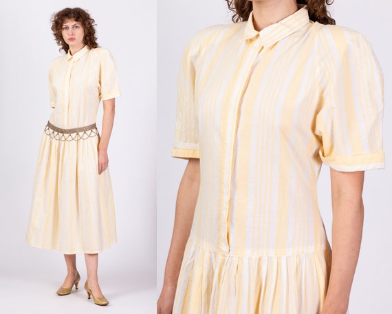 80s Yellow Striped Drop Waist Dress Large | Vinta… - image 1