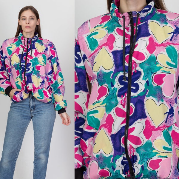 80s 90s Heart Print Windbreaker Extra Large | Vintage Climate Zone Colorful Abstract Zip Up Track Jacket
