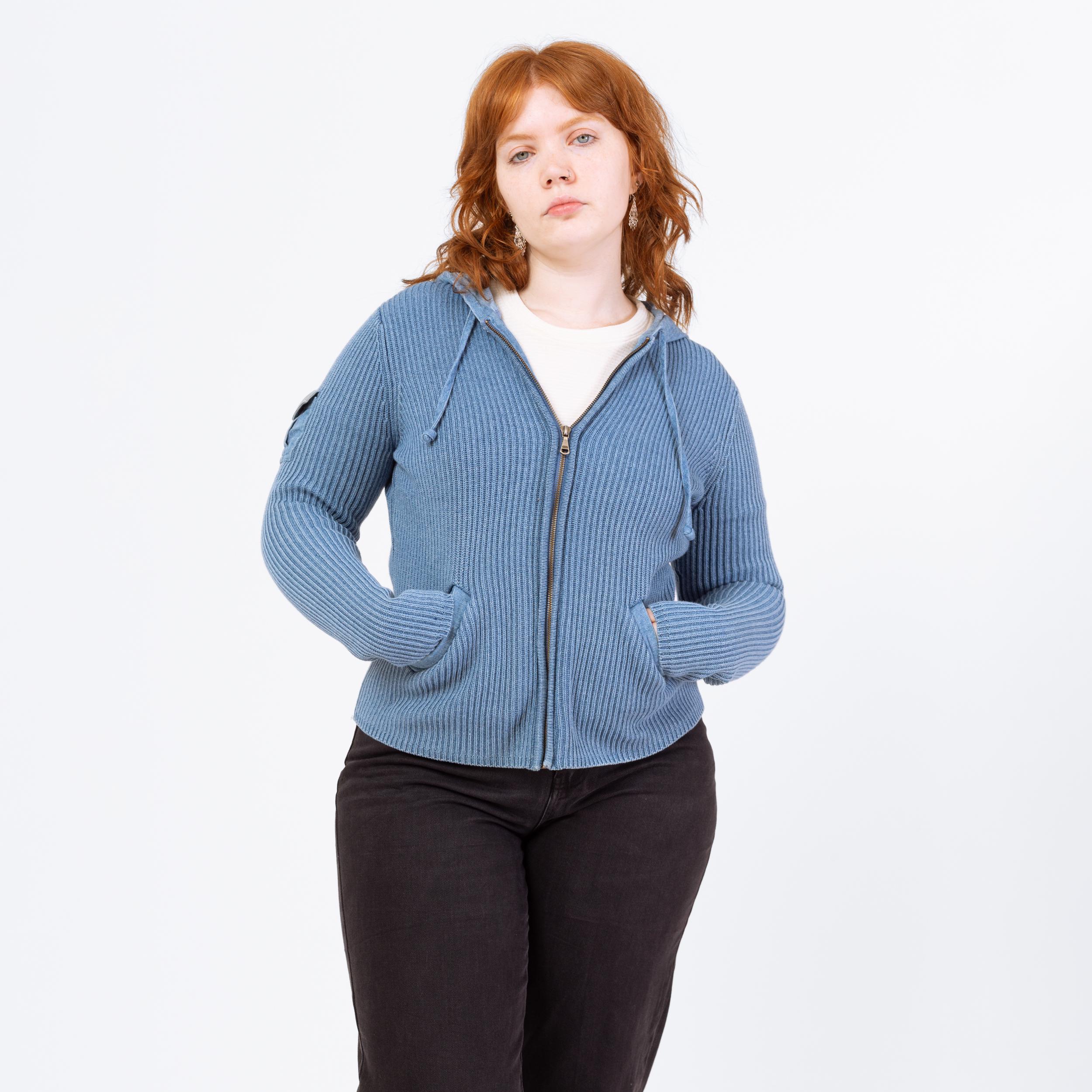 Vintage Y2K Ralph Lauren Dusty Blue Ribbed Knit Hoodie - Medium to