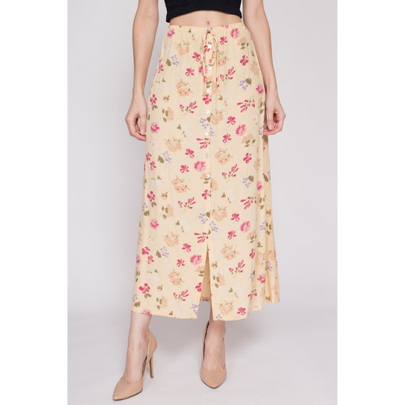 Medium 90s Butter Yellow Floral A Line Skirt | Vi… - image 2