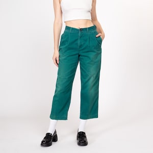 Petite Medium 90s Dockers Faded Teal Cotton High Waisted Pants 28&quot; | Vintage Distressed Pleated Tapered Leg Casual Trousers