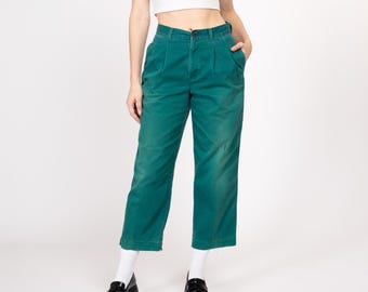 90s Dockers Faded Teal Cotton High Waisted Pants - Petite Medium, 28" | Vintage Distressed Pleated Tapered Leg Casual Trousers