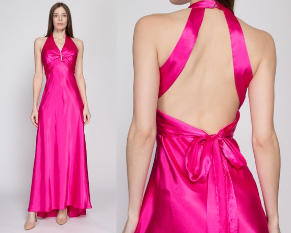 Sm-Med 90s Hot Pink Satin Backless Evening Gown |… - image 2