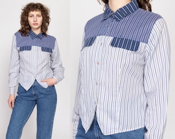 Medium 90s Blue & White Striped Collared Top | Vintage Button Up Color Block Long Sleeve Shirt