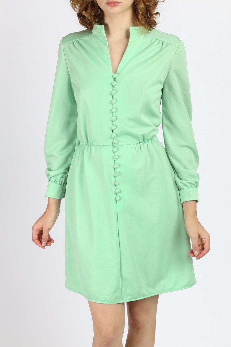 70s Green Button Front Mini Dress  Extra Small  Vintage image 2