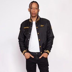 Small 80s Baseball League Chainstitch Varsity Jacket | Vintage Striped Trim Embroidered Snap Button Team Bomber
