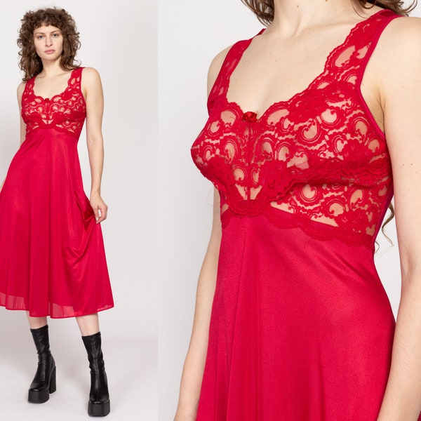 Small 90s Red Lace Bust Midi Slip Dress | Vintage Sheer Nightgown