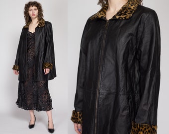 XL 90s Black Leather Leopard Print Faux Fur Trim Coat | Vintage David Benjamin Zip Up Long Glam Jacket