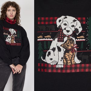 Large 90s Dalmatian & Kitten Winter Sweatshirt | Vintage Black Red Plaid Turtleneck Graphic Animal Pullover