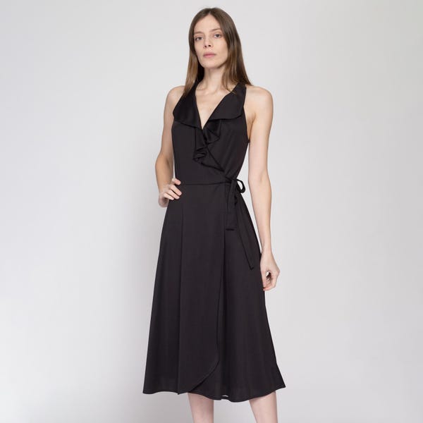 Vestido midi cruzado negro de los años 70 - Vestido de fiesta minimalista sin mangas, estilo vintage, con ribete de volantes.