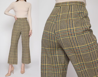 Small 70s Yellow & Blue Plaid High Waisted Pants 26" | Vintage Flared Leg Retro Side Zip Trousers