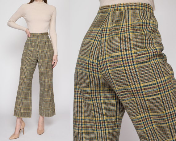 Small 70s Yellow & Blue Plaid High Waisted Pants … - image 1
