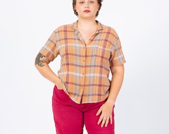 Vintage 80s Orange Plaid Woven Cotton Button Up Shirt - Large | Boho Madras Plaid Short Sleeve Collared Top
