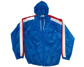 Kleiner 80er Jahre Izod Lacoste Striped Hooded Windbreaker Herren | Vintage Blau Rot Weiß Leichte Zip Up Trainingsjacke
