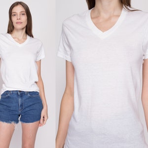 Small 80s Calvin Klein Blank White T Shirt Unisex Vintage Single Stitch Plain V Neck Tee Threadbare Undershirt image 1
