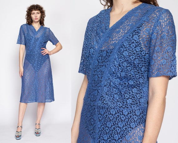 Large 1930s Sheer Blue Floral Lace Day Dress | Vi… - image 1