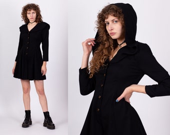 Medium 90s Black Gothic Hooded Romper | Vintage Button Up Fit & Flare Mini Dress Outfit
