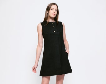 XS 60s Mod Black Wool A Line Mini Dress | Vintage Minimalist Sleeveless Button Front Shift Pocket Party Dress