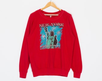 Large 90s New York Statue Of Liberty Raglan Sweatshirt | Vintage Red Graphic NYC Tourist Crewneck