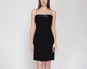 90s Y2K Beaded Square Neck Little Black Dress - Medium | Vintage Spaghetti Strap Mini Sheath Party Dress