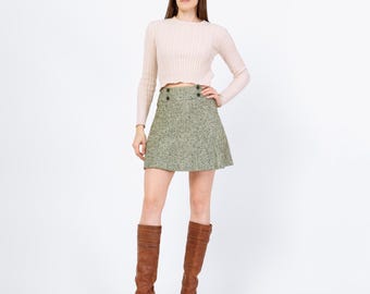 Minigonna vintage in tweed verde Mod anni '70 - Extra Small, vita 24" / Gonna a trapezio a vita alta in maglia doppiopetto preppy