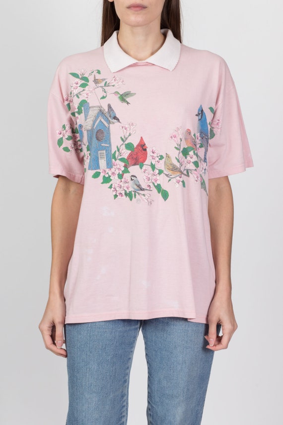 Large 90s Pink Birdhouse Collared T Shirt | Vinta… - image 2