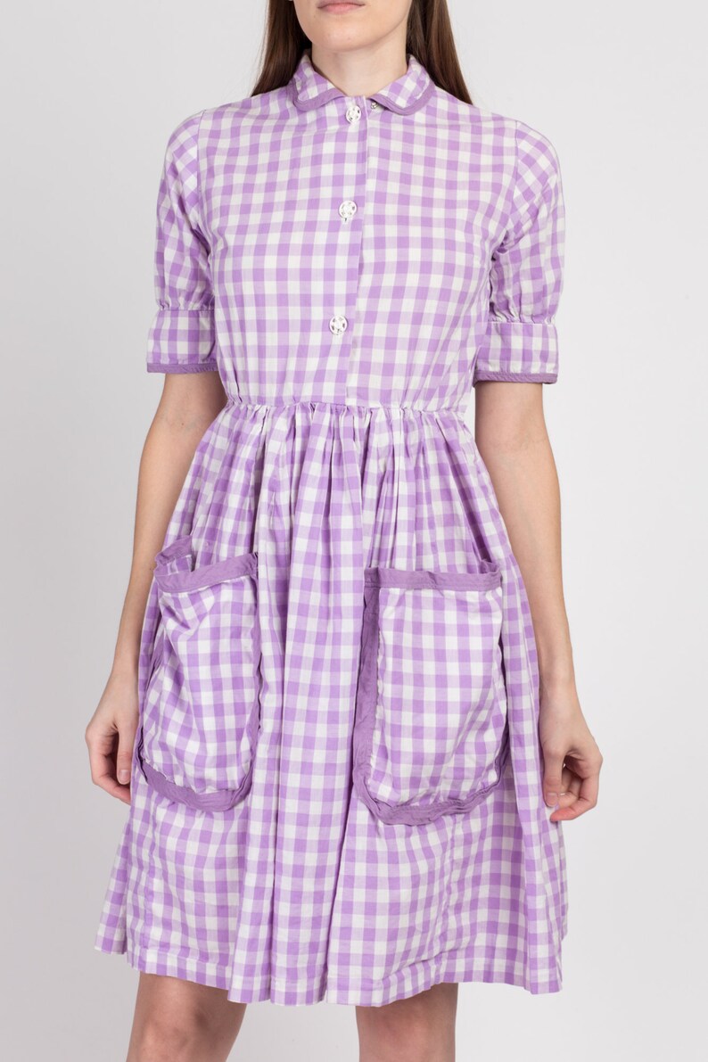 Vintage 1940s Purple Gingham Checkered Day Dress Petite XS 40s 50s Fit & Flare Boho Cotton Mini Dress image 2