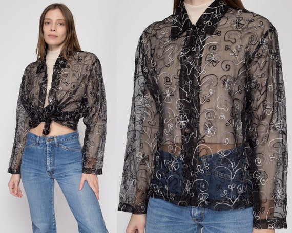 Small 90s Sheer Black Silk Embroidered Blouse | V… - image 1