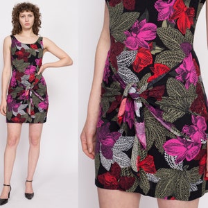 Petite Small 90s Hawaiian Tropical Floral Mini Wrap Dress Vintage Black Flower Print Front Tie Dress image 1