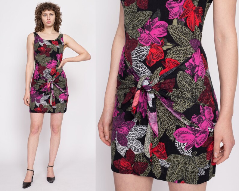 Petite Small 90s Hawaiian Tropical Floral Mini Wrap Dress Vintage Black Flower Print Front Tie Dress image 1