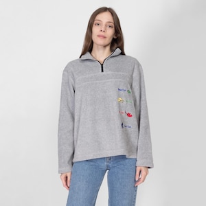 Großes 90er Jahre Dr Seuss One Fish Two Fish Fleece Sweatshirt | Vintage Grauer Viertel-Reißverschluss für Kinder mit hohem Hals