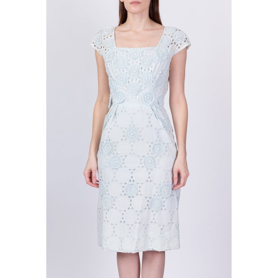 1950s Baby Blue Eyelet Sheath Midi Dress, As Is E… - image 2