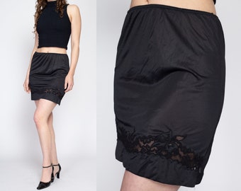 Medium 70s Black Mini Skirt Slip | Vintage Lace Panel Lingerie Miniskirt