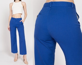 XS 70s Royal Blue Mid Rise Trousers | Retro Vintage Straight Leg Cropped Ankle Pants