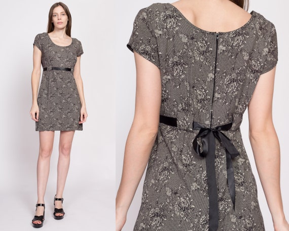 Small 80s Black Floral Satin Tie Mini Dress | Vin… - image 1