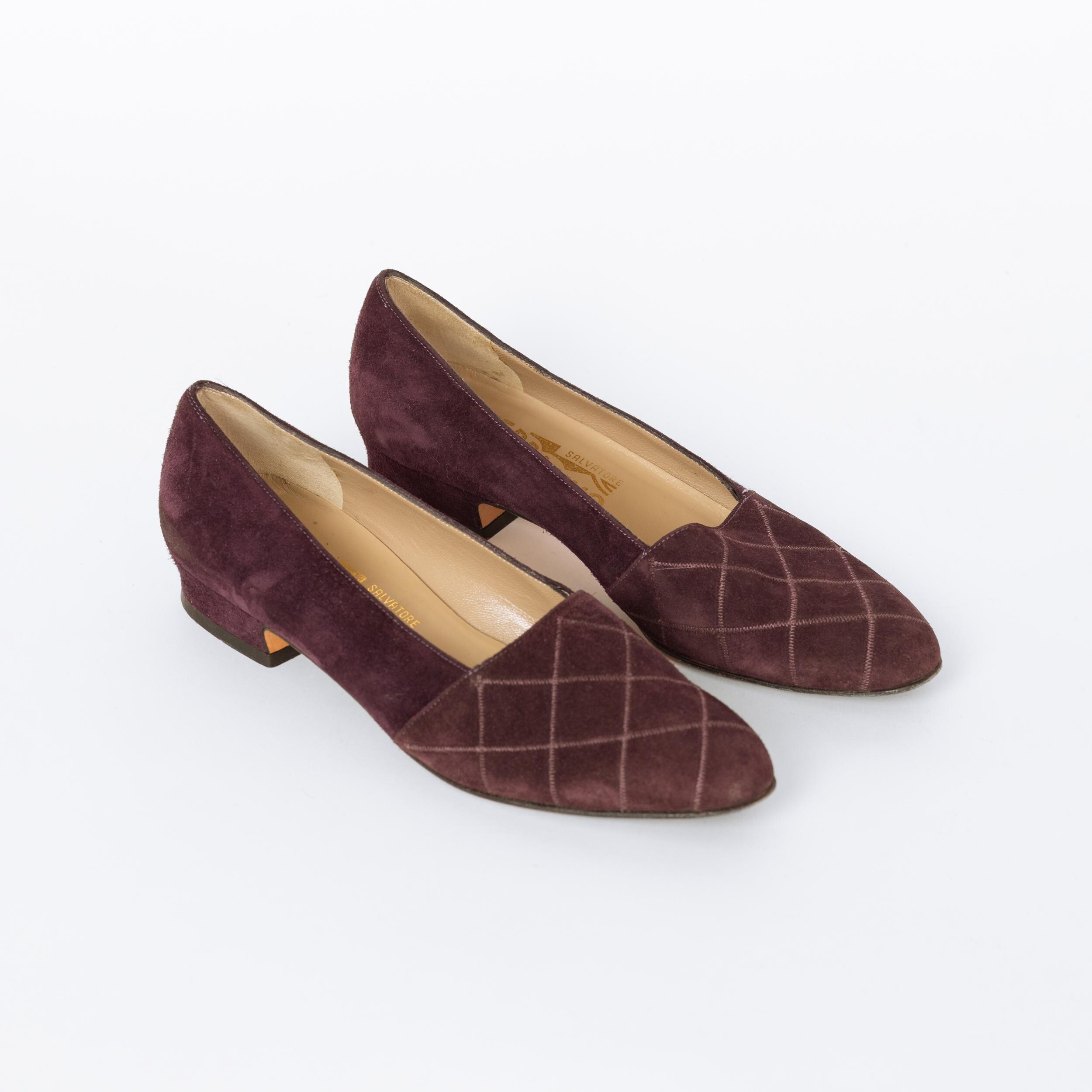 Salvatore Ferragamo, Vintage Ferragamo 90s Plum Suede Quilted Loafers - Size 5 | Designer Slip On Leather Shoes