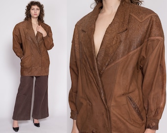 Medium 80s G-III Brown Leather Embossed Jacket | Vintage Oversize Long Double Breasted Snap Up New Wave Coat