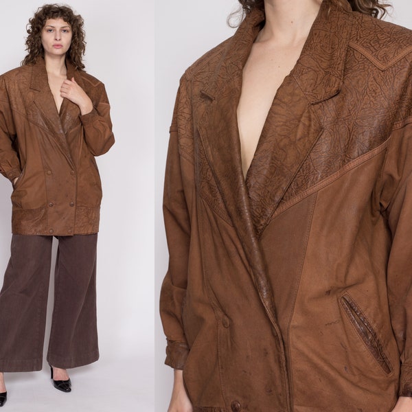 Medium 80s G-III Brown Leather Embossed Jacket | Vintage Oversize Long Double Breasted Snap Up New Wave Coat