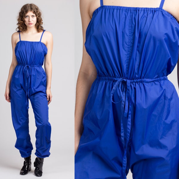 80s Blue Nylon Jumpsuit - Small | Vintage Cinched Waist Sleeveless Windbreaker Pantsuit