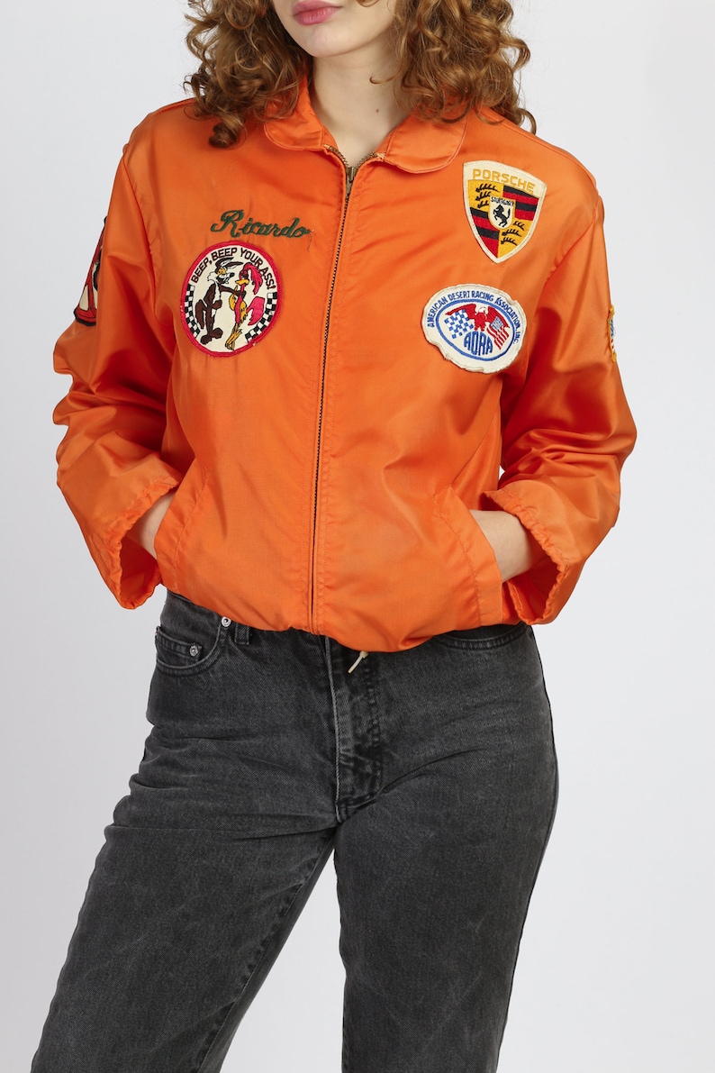 Retro 70s Orange Novelty Patch Windbreaker Men/'s Medium Vintage Zip Up Lightweight Jacket