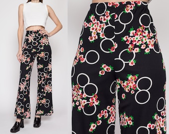 Sm-Med 70s Black Floral Flared Pants | Vintage High Waisted Boho Elastic Polyester Trousers