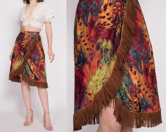 Vintage Boho Peacock Feather Print Fringe Skirt E… - image 1