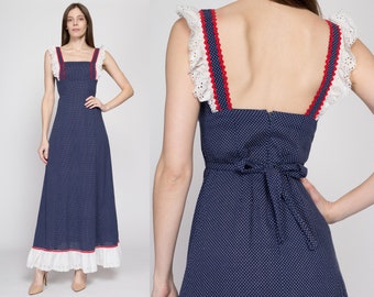 XS 70s Navy Blue Swiss Dot Pinafore Maxi Sundress | Boho Vintage Eyelet Trim A Line Long Hippie Dress